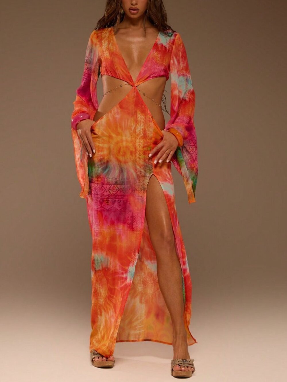 Multicolor Boho Women's Cut Out V-Neck Maxi Dress
